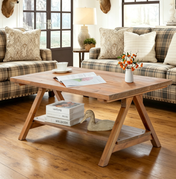 Farmhouse Coffee Table, 2-Tier Solid Wood with Open Shelf, Natural Finish