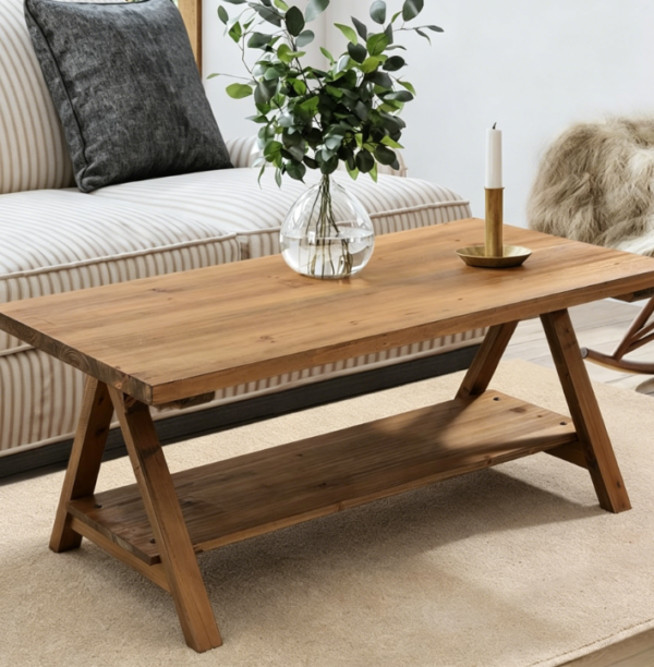 Solid Firwood Coffee Table, Farmhouse Rectangle, Brown, 42.5 in